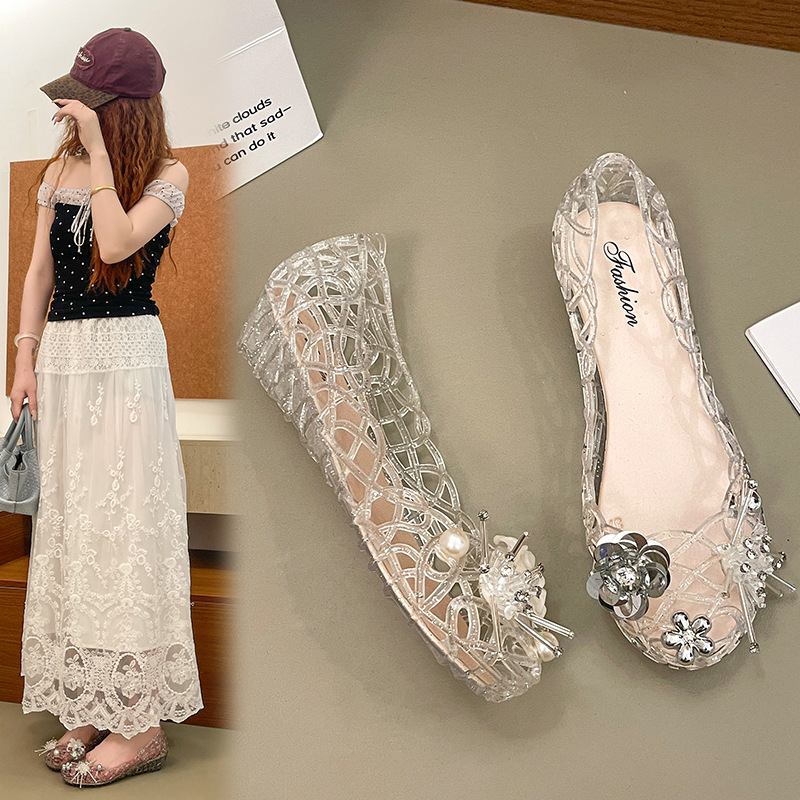 Insole Memory Foam - รองเท้าผู้หญิงแบบถักยืดหยุ่น ปี 2026 พื้นรองเท้าเมมโมรี่โฟม ดีไซน์โปร่ง แฟชั่นรองเท้าแตะ